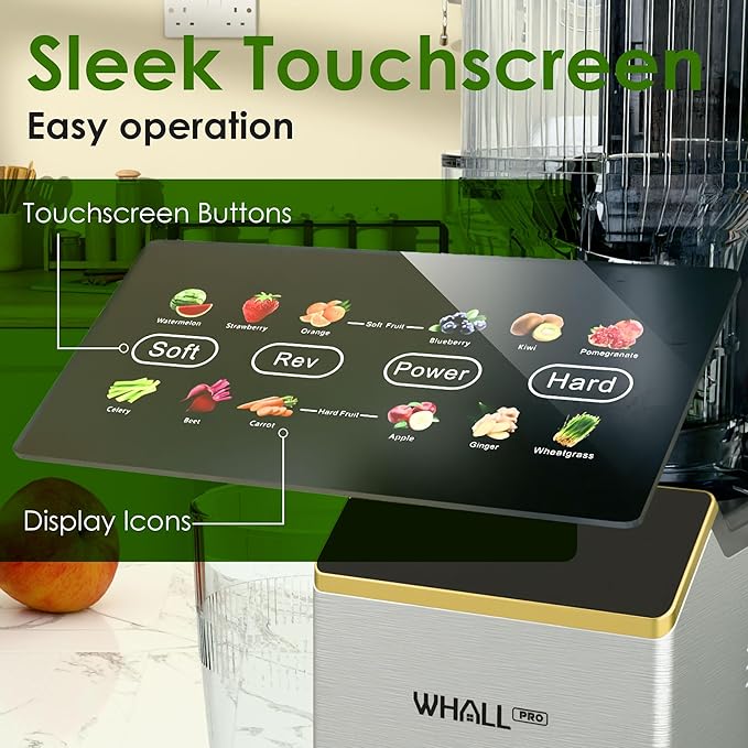 Cold Press Juicer, Touchscreen Juicer Machines with Wide Feed Chute, Stainless Steel Masticating Juicers Easy to Clean, Ergonomic Operational Panel Design, High Juice Yield, Gray