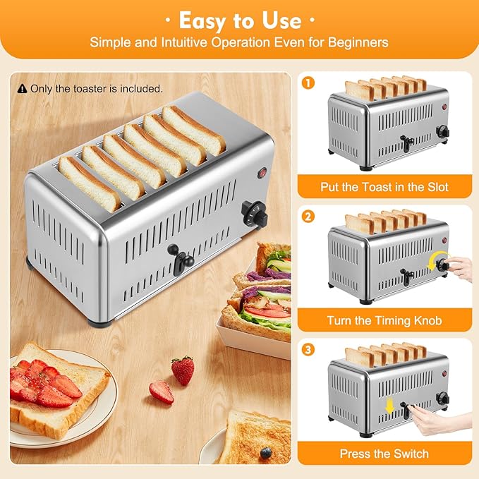 Commercial 6 Slice Toaster, 1680W 110V Commercial Bread Baking Machine with 2 Modes & Timer Function, Stainless Steel Electric Toast Sandwiches Making Tool for Home Kitchen Restaurant Bakery
