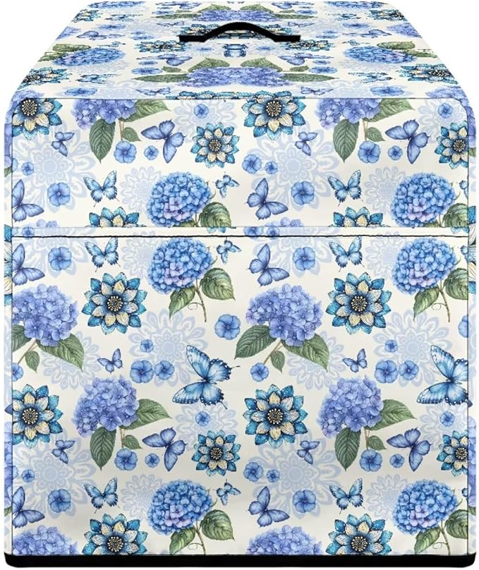 Food Slicer Cover Home Kitchen Electric Appliance Cover Waterproof Fabric Dust-Proof Durable Cheese Bread Meat Slicer Cover with Side Pocket and Top Handle, Blue Hydrangea Butterfly Print