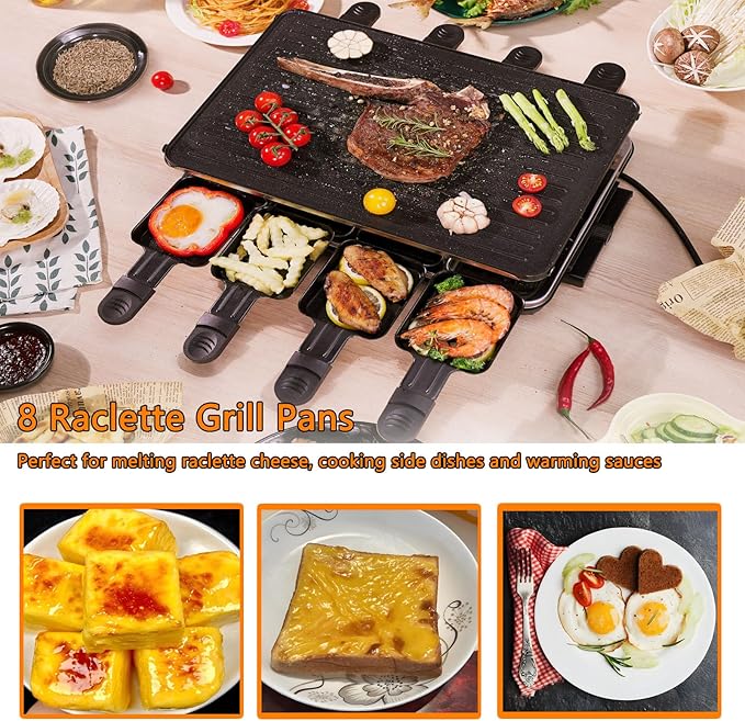 Indoor Grill Table Smokeless Portable Griddle Raclette Grill Nonstick with 8 Cheese Maker Pans Temperature Control & Dishwasher Safe 1300W Ideal for Parties and Family Fun