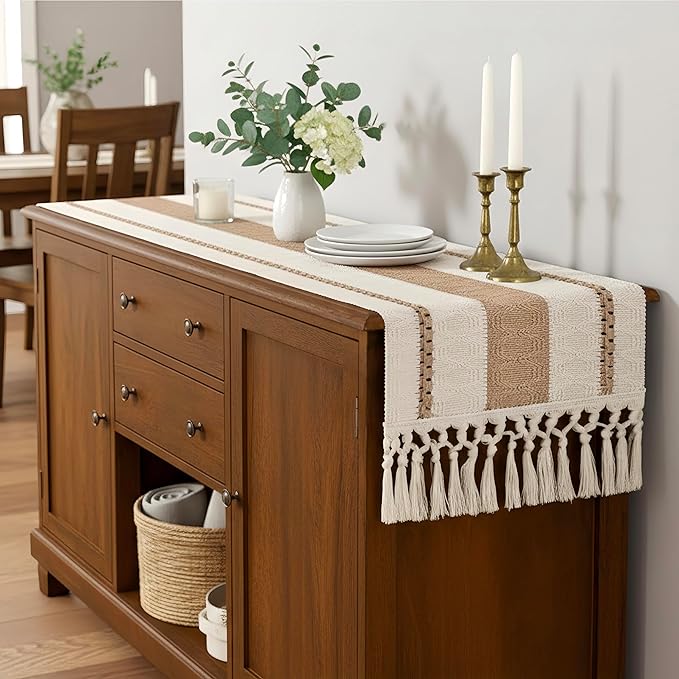 FEXIA Boho Table Runner for Hoilday Spring Home Decor with Tassels 72 Inches Long Pottery barn Furniture Farmhouse Rustic Macrame Burlap Table Decoration for Living Room (12x72 Inches)