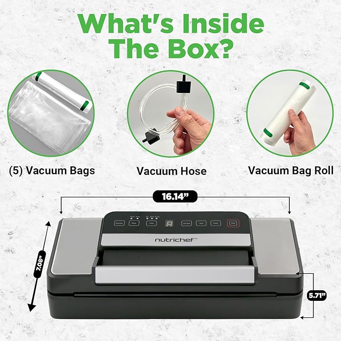 NutriChef Vacuum Sealer for Food with Easy Lock Handle, Countertop Vacuum Sealer Machine for Dry, Moist, Liquid Items, Works with Reusable Vacuum Seal Bags and Rolls, Preserves Freshness