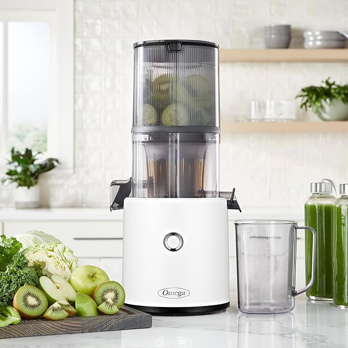 Omega Cold Press Juicer - Hands Free Vegetable and Fruit Masticating Juicer Machine with 68-oz. capacity, Extra Large Hopper for No-Prep and Whole Recipe Batch Juicing, Easy Clean, 150-Watts, White