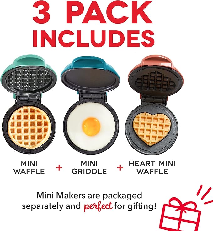 Dash Mini Maker Set - Customized Treat Maker - Supports Multi-Function Cooking - Easy Cleanup and User-Friendly Design - Coral, Mint & Teal - Waffle, Griddle & Heart Shaped Waffle Irons