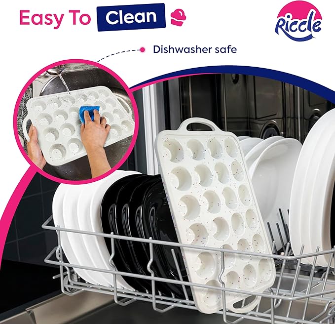 RICCLE 2 Pack Silicone Mini Muffin Pan with Metal Reinforced Frame, 24-Cup Mini Cupcake Pans, Mini Muffin Silicone Molds, Silicone Muffin Pans for Baking - Oven & Dishwasher Safe, BPA-Free