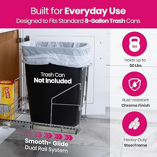 HOLDN’ STORAGE Pull Out Trash Can Under Cabinet - Trash Can Not Included - Dedicated Space for Disposable Trash Bags, Requires a 11” Cabinet Opening, Adjustable, Heavy Duty, Anti Rust Chrome Finish