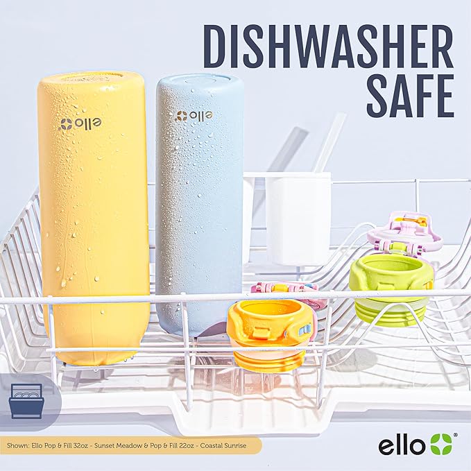 Ello Pop & Fill 22oz Stainless Steel Water Bottle with Quick Fill Technology, Double Walled and Vacuum Insulated Metal, Leak Proof Locking Lid, Sip and Chug, Reusable, BPA Free, Sunset Meadow