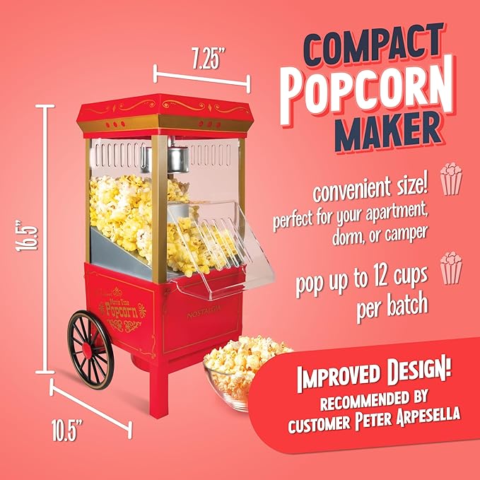 Nostalgia Vintage Hot-Air Popcorn Maker Machine - Makes Up to 12 Cups - Oil-Free - Healthier Popcorn - Classic Stand-Up Cart With Wheels - Includes Kernel Measuring Cup - Red