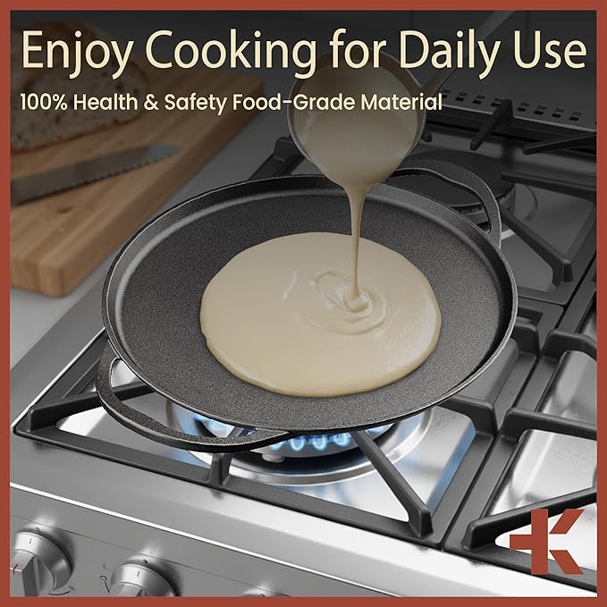 Bakken Cast Iron Pizza Pan 14 Inch, Naturally Pre-Seasoned Nonstick Baking Pan, Heavy-Duty for Oven, Grill, Stovetop, or Campfire, Dual Handles, Heat Retention for Crispy Crust Results, Easy to Clean