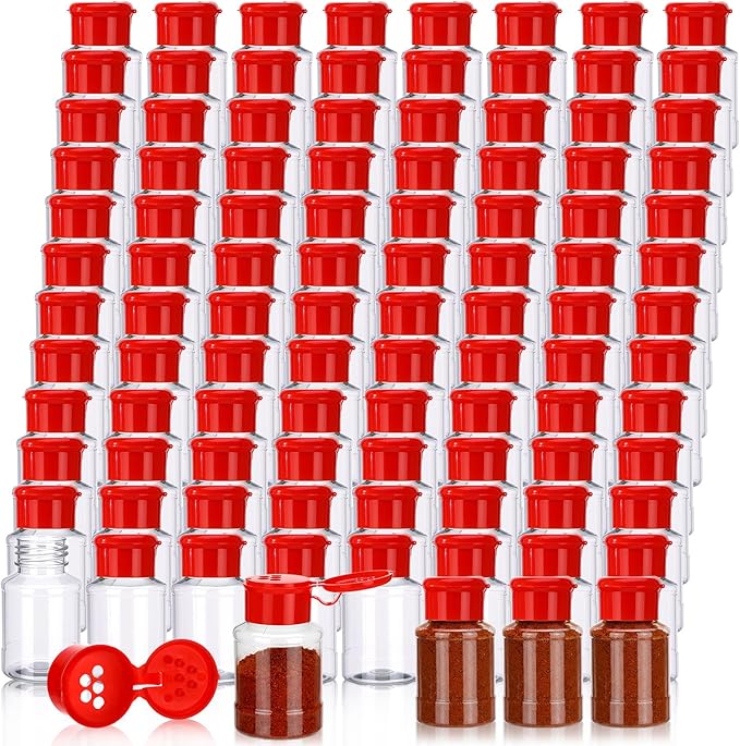 Amyhill 100 Pcs Plastic Spice Bottles Spice Jars with Red Cap Seasoning Jars Shaker 2 Oz/ 60ml Clear Bottle Containers with Shaker Lids for Storing for Spices, Herbs, Powders, Glitters Supplies