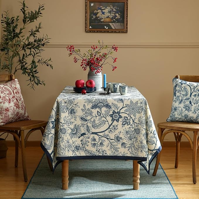 ISAENNE Designer French Linen Long Rectangle Tablecloth,Blue Floral Washable Indoor Table Cloth,Durable Home Decor Tablecloths for Dining Thanksgiving Kitchen Party Christmas,63"*94"-Ruyi B