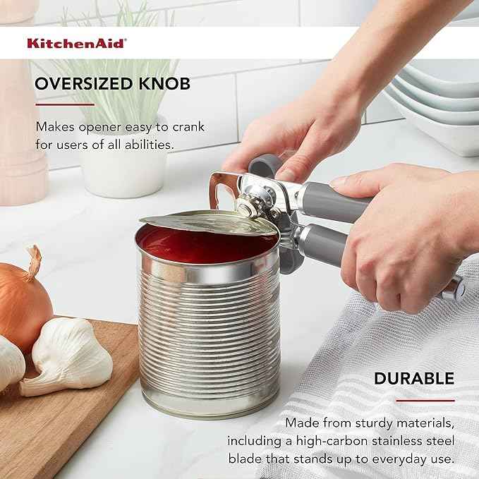 KitchenAid Classic Multifunction Can Opener and Bottle Opener Easy to Use, Razor Sharp Stainless Steel Cutting Wheel, Soft Ergonomic Handles, Gray