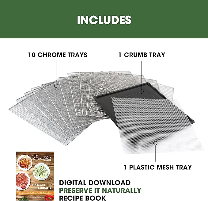 Excalibur Food Dehydrator 10-Tray Select Series for Jerky, Fruit, Vegetables, Herbs, Pet Treats, Stainless Steel with Glass Doors and 60 hour digital timer, 10-Tray, Black