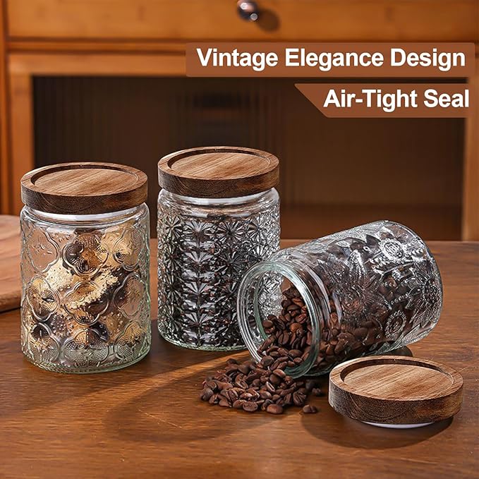 34 OZ Vintage Glass Jar with Lid, Airtight Food Storage Canisters with Bamboo for Kitchen Counter Pantry, Ideal for Coffee, Candy, Tea, Oats, Sugar, Cookies Decorative Jars-Sunflower