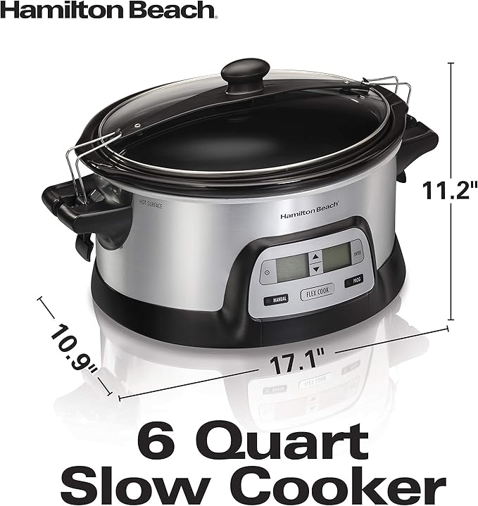 Hamilton Beach 33861 Portable Programmable Slow Cooker, Dishwasher Safe Crock, 6 Qt, FlexCook Dual Digital Timer/2 Heat Settings, Lid Lock for Easy Travel, Silver