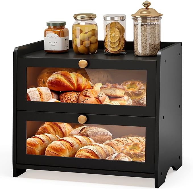 JANSNIMEN Double Layer Bread Box for Kitchen Countertop, Large Breadbox Bread Container Storage with Acrylic Door, Wooden Farmhouse Bread Holder (Black, Medim-15.7" L x 9.5" W x 13" H)