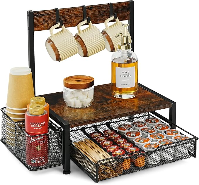 Poyilooo Coffee Bar Organizer with K Cup Holder,Coffee Pod Drawer Holder for 24 Pod Capacity, Storage Drawer with Dispoable Cups & Lids Holder, Coffee Bar Station Organier for Countertop, Kitchen