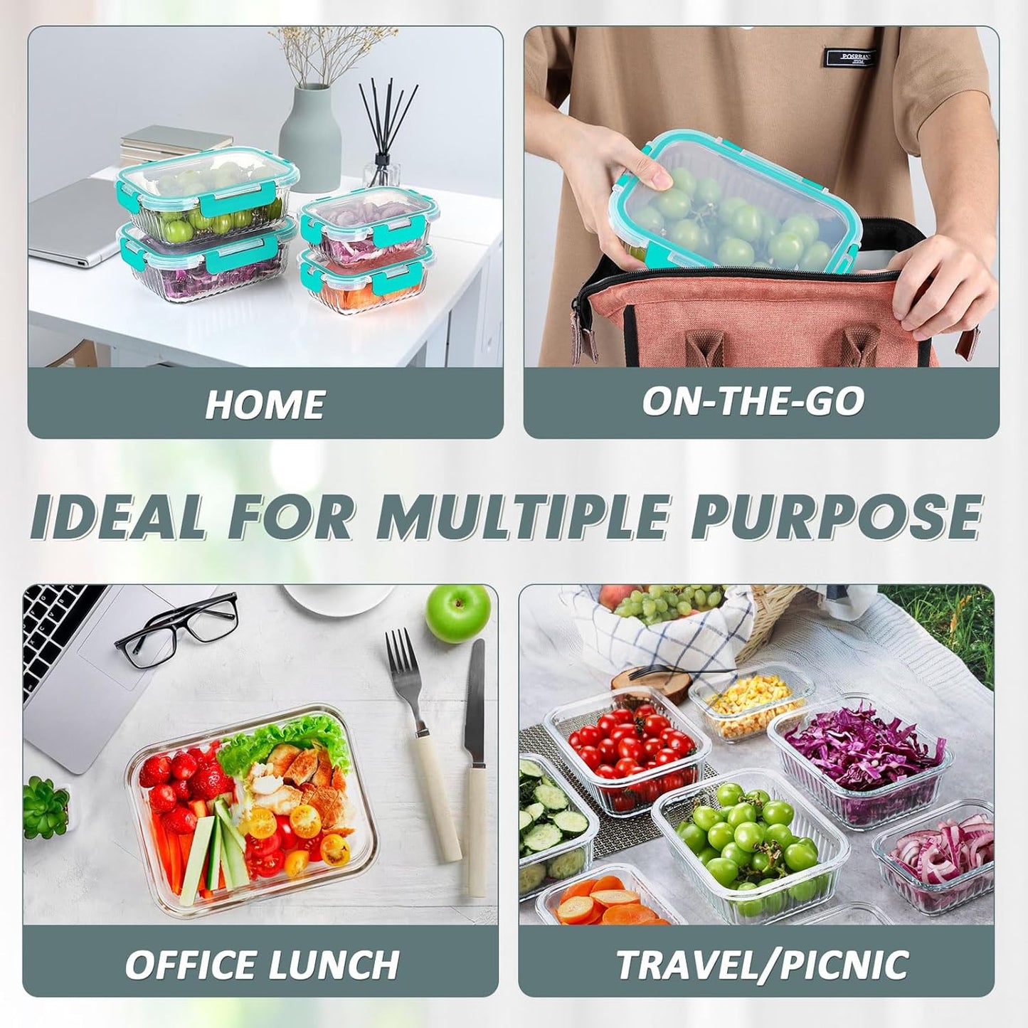 KOMUEE 10 Packs Glass Meal Prep Containers with Lids, Glass Food Storage Containers Set, Airtight Lunch Containers, Microwave, Oven, Freezer and Dishwasher Safe, Green