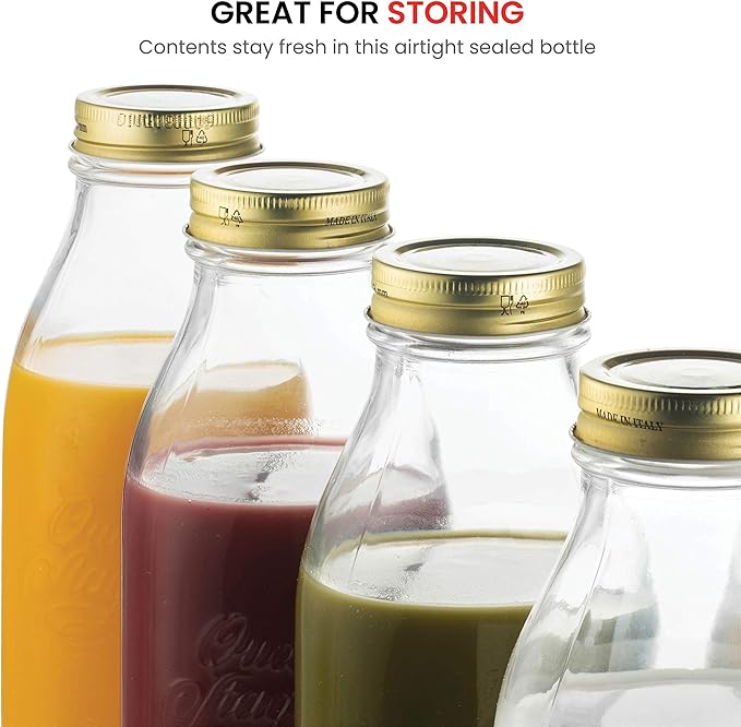 Bormioli Rocco Quattro Stagioni Glass Milk Bottle 33.75 Ounce/1 Liter with Airtight Lid, Great For Kombucha Brewing Bottle, Beer, Homemade Juicing, Smoothies, Beverages, Durable Construction. (4 Pack)