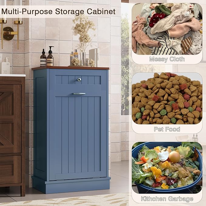 KIGOTY Tilt Out Trash Cabinet,Wooden Kitchen Trash Bin Holder Garbage Bin Recycling Cabinet Laundry Hamper with Solid Wood Countertop and Hideaway Drawer (Haze Blue)