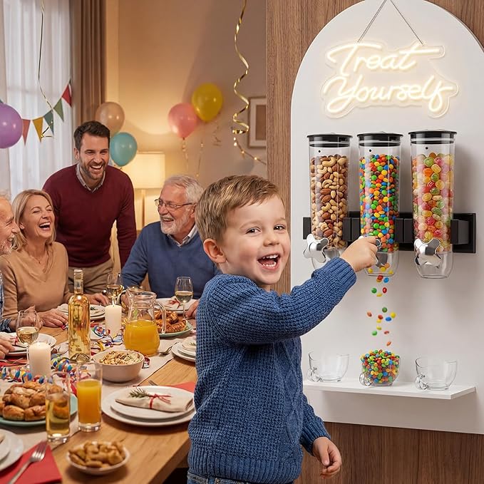 Lounsweer 6 Pcs Wall Mounted Cereal Dispenser with 1pcs Treat Yourself Neon Signs 9 L Candy Machine Grain Dispenser Neon Snack Sign Wall Mount for Home Kitchen Food Store Birthday Gift Party Decor