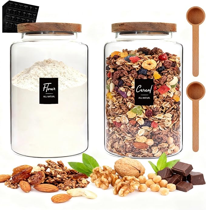Glass Coffee Jar with Wood Lids Spoon Labels Clear Coffee Ground Canister set of 2,Borosilicate Glass Food Containers for Spice Cookies Sugar Tea Bar (2800ml/94oz-2 pack-with spoon)