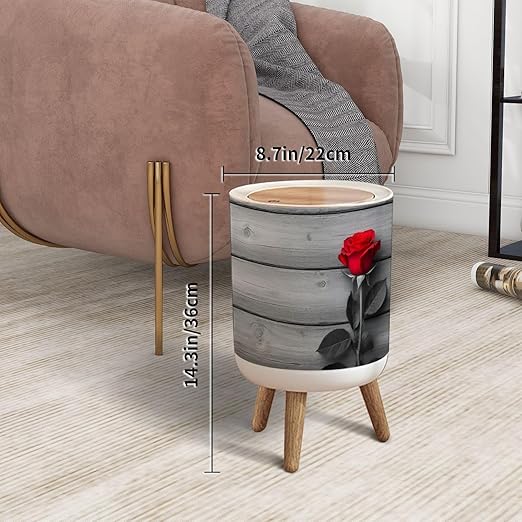 Trash Can with Lid Red Rose Black White Press Top Round Small Garbage Bin with Wooden Legs Waste Basket for Kitchen Bedroom Nursery 7L/1.8 Gallon