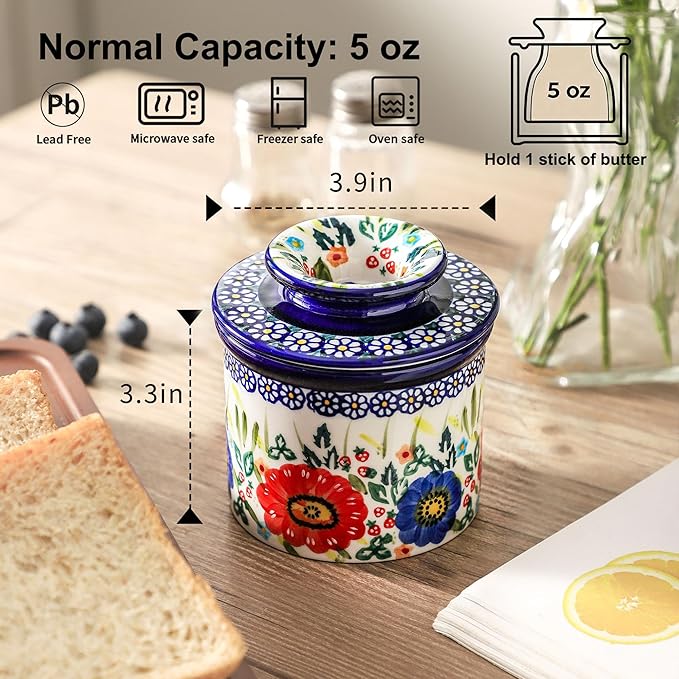 French Butter Crock with Lid for Countertop,Handpainted Floral Butter Keeper with Water Seal Line, Farmhouse Ceramic Butter Container Airtight for Soft Spreadable Butter,Housewarming Gifts