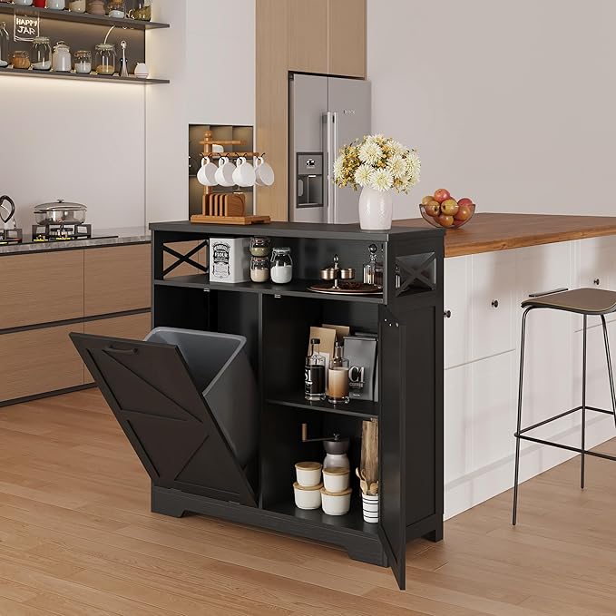 Befrases Tilt Out Trash Can Cabinet for 13 * 1 Gallon Trash Can, Farmhouse Kitchen Island Cabinet with Adjustable Shelf for Hidden Laundry Basket, Dog Proof Garbage Can for Dining Living Room, Black