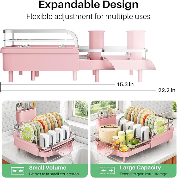 SAYZH Dish Drying Rack - Expandable Dish Rack for Kitchen Counter, Rust-Resistant Dish Drainer with Utensil Holder and Raised Guardrail, Kitchen Organizer for Cup and Bottle (Pink)
