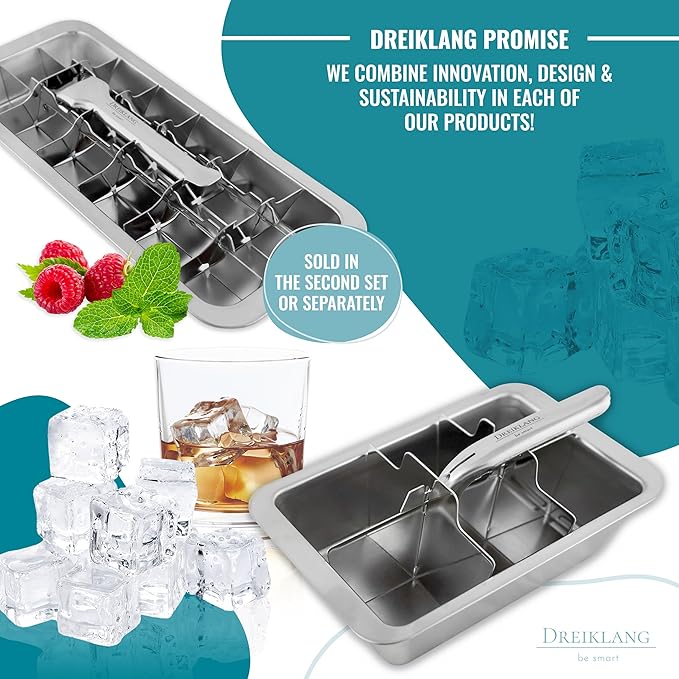 Stainless Steel Polished Set 2-Pack Ice Cube Tray for freezer Ice Cube Tray with Lever Insert |Easy Release with cold-insulated comfort grip | Food-Safe & Durable Ice Cube Maker