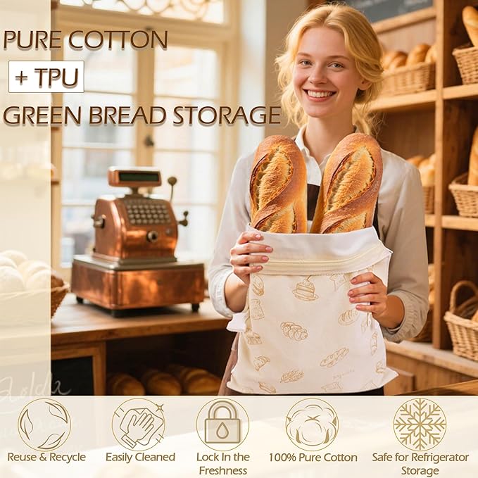 2-Pack Reusable Linen Bread Bags for Sourdough & Homemade Bread, 16"x12.5" Large Bread Container with BPA-Free TPU Lining, Freezer-Friendly Sourdough Bread Keeper Preserving