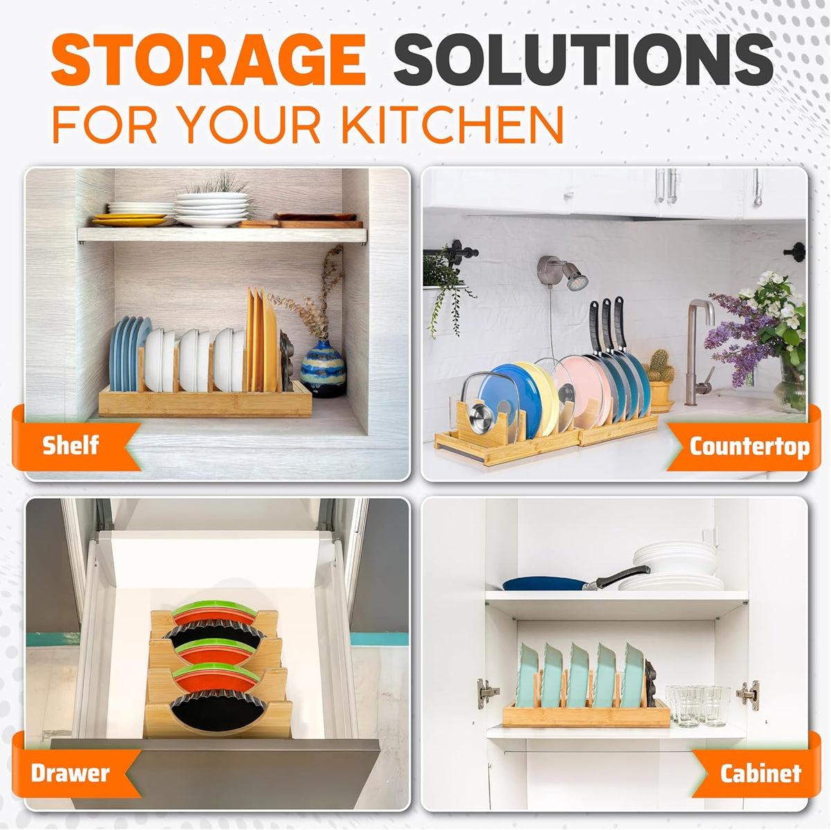 [Adjustable] Bamboo Pots and Pans Organizer under Cabinet, Expandable Bakeware & Cutting Board Organizers with Diatomaceous Earth Base & 10 PCS Adjustable Dividers, Tray Organizer for Kitchen Storage