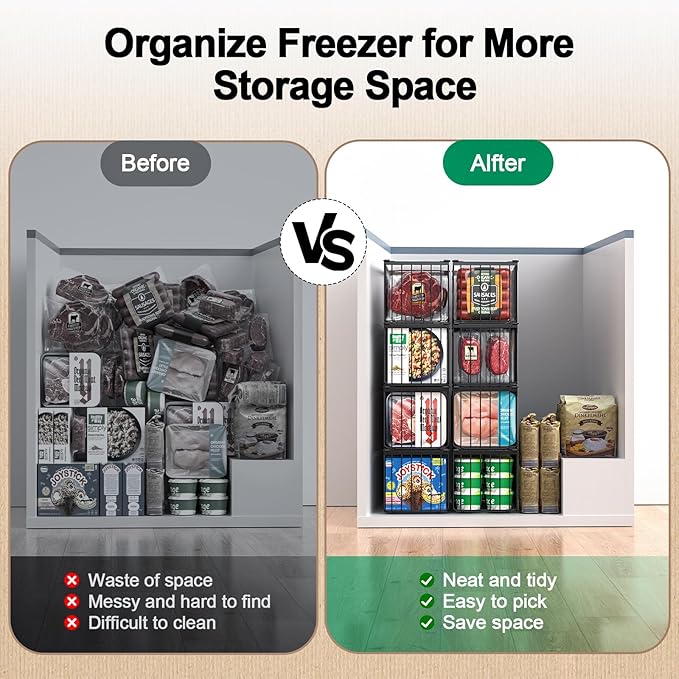 Freezer Organizer Bins, 2 Pack Stackable Deep Chest Freezer Organizer Bins, Foldable Freezer Baskets with Handles, Black Freezer Storage Organizer Baskets for 5/ 7 Cu.FT Sort Frozen Meats