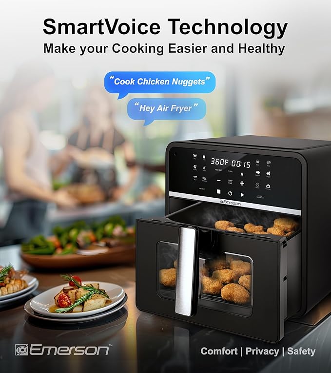 Emerson SmartVoice 10QT 6-in-1 Air Fryer, 1000+ Voice Control Commands, 100+ Recognized Food, No APP, No WIFI, No Setup, Nonstick Basket, Air Fry, Bake, Reheat, Dehydrate, 1700W