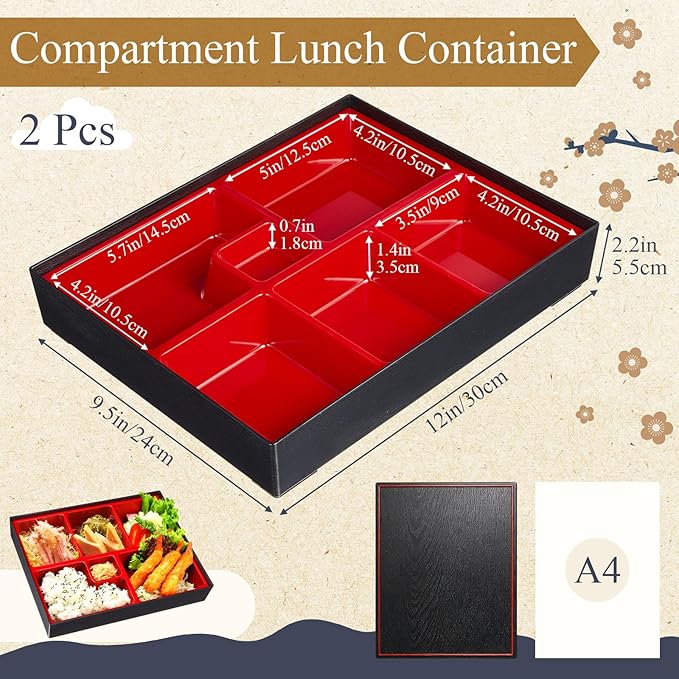 Teenyyou 2 Pcs 12 x 9.5 x 2.2 Inch Japanese Bento Box 6 Compartments Divided Lunch Box with Greaseproof Adult Japanese Bento Lunch Container Sushi Home Restaurant