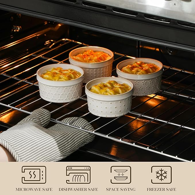 MALACASA Ramekins 8 Oz Oven Safe, Ceramic Creme Brulee Souffle Dishes, Pudding Custard Cups Ramekin For Baking, Small Dipping Sauce Bowls, Set of 4, Microwave and Dishwasher Safe, Arctic White