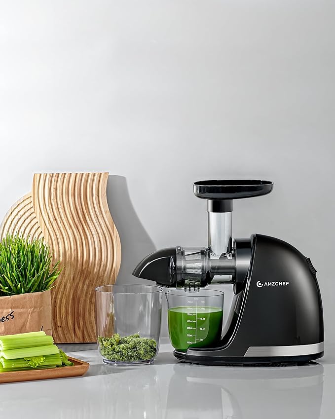 Juicer Machines - AMZCHEF Cold Press Masticating Juicer whole Fruit and Vegetable - Delicate Chew No Need to Filter - BPA Free Juice Extractor with 2 Cups and Brush- Ebony