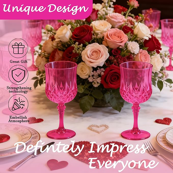 Plastic Wine Glasses, Plastic Goblets Vintage Style Cordial Unbreakable Drinking Glasses, Reusable Drinkware for Wedding Reception, Grand Event Party Supplies, Mother's Day (24, Hot Pink)