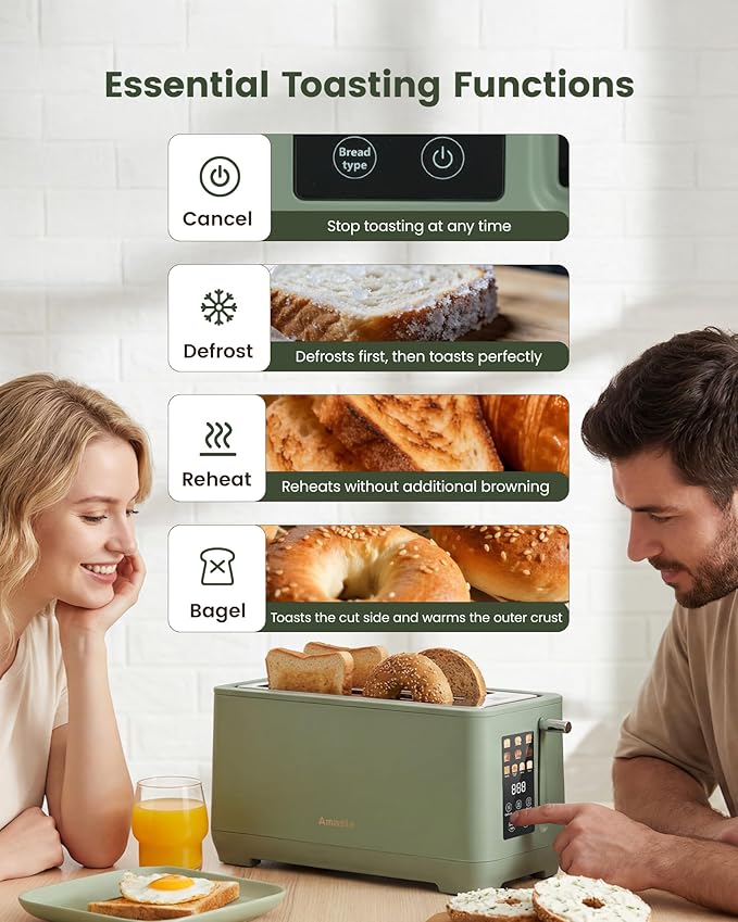 4 Slice Toaster, Long Slot Touch Screen Retro Toaster with Digital Countdown, Extra-Wide Slots for Bagels & Bread, 6 Browning Levels, 5 Bread Modes, Defrost Reheat Cancel, Stainless Steel