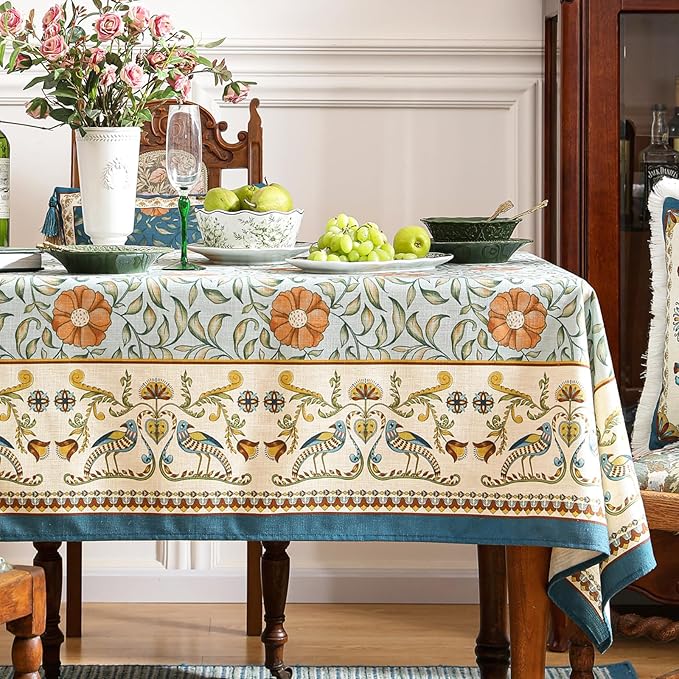patdrea Designer French Linen Blue Tablecloth for Rectangle Table,Vintage Floral Table Cloth,Colorful Decoration Fall Cover Kitchen Dining for Thanksgiving,Tea Party,Christmas,63"x102"-Wensel
