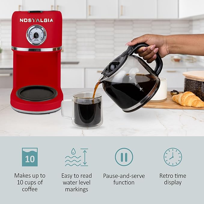 Nostalgia Classic Retro 10 Cup Coffee Maker - One-Touch Drip Brew, Reusable Filter - Anti-Drip, Auto Shutoff, & Time Display - Dishwasher Safe 50 oz Carafe - Red