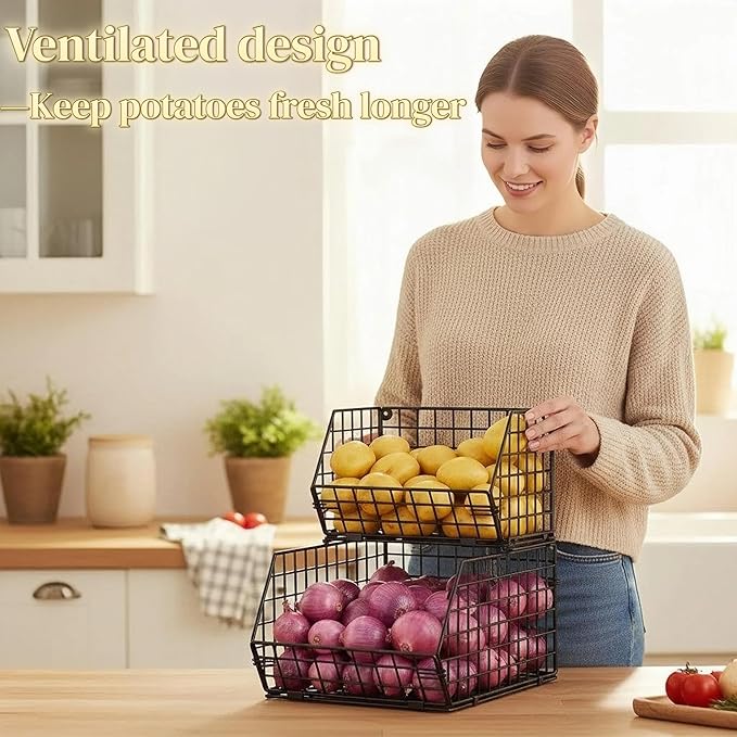 X-cosrack Stackable Wire Baskets for Counter, Fruit and Vegetable Storage, Potato and Onion Storage Bin，Kitchen Pantry Organizer - Wall Basket for Produce/Snack/Can, Large, Black