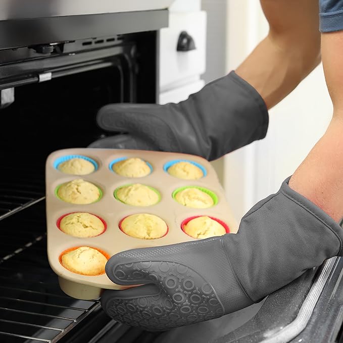 BPA-Free Soft Silicone Oven Mitts - Ultra Heat Resistant Oven Mitts with Thick Cotton Liner - Long Slip Resistant Pot Holders, Flexible Oven Gloves - Gray 13.7"