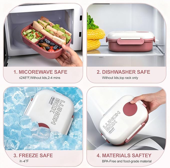 Lunch Bento Box Set - 3 Compartment Containers for Kids and Adults,lunch box for women with Thermo Lunch Bag, Leak-Proof and BPA-Free - Built-in Utensil Set,Sauce - Dishwasher Safe-Claret