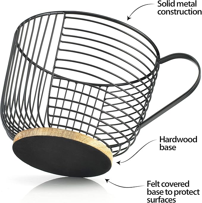 Coffee Pod Holder - Large Capacity Black Wire K Cup Storage with Wooden Base - Modern Coffee Basket Decor for Kitchen Countertop for Keurig Kcups & Espresso Capsules