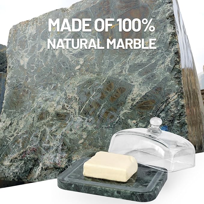 Koville Green Marble Butter Dish with Glass Lid for Countertop and Refrigerator Door Shelf, Green Marble Butter Keeper, Stone Butter Dish with Lid, Airtight Butter Keeper Container, Dishwasher Safe