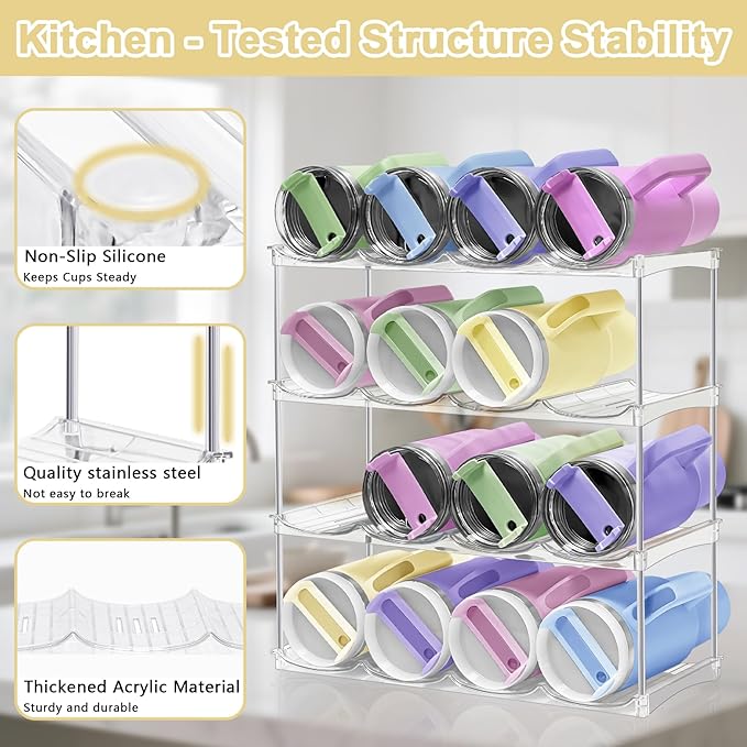 Water Bottle Organizer - Stackable Water Bottle Holder for Cabinet, Large Compartment Tumbler Organizer Wine Racks, Kitchen Organization and Storage for Stanley Cup Holder, 4 Tier Hold 16