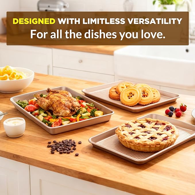 Professional Non-Stick Baking Sheets Set, 3-Piece Heavy Duty Carbon Steel Cookie Sheets with Oven Safe & Even Heating for Baking, Roasting, Cooking (Champagne Gold)