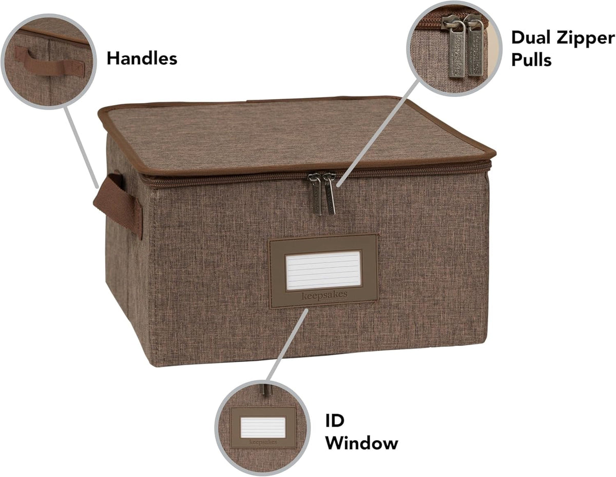 Covermates Keepsakes Dish Storage Box - Stackable, Reinforced Handles, China Storage, Brown Heather